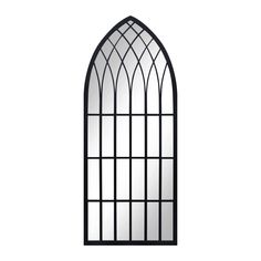 an arched window with black frame and glass