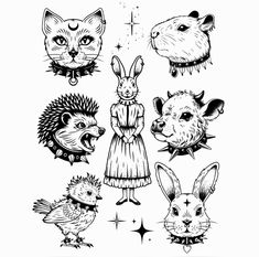 an ink drawing of animals and people in different costumes, including rabbits, cats, mice, and other creatures