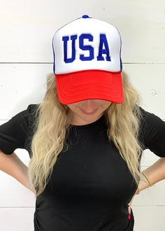 USA embroidered cap, perfect hat to wear to the lake, beach or just to stay fashionable. Foam white, blue and red cap *Made in-house* Lake Beach, Embroidered Cap, Usa Patriotic, Red Cap, Embroidered Caps, Red White Blue, Trucker Cap, White Blue, Red White