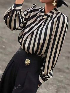 Mock Neck Blouse, Bishop Sleeve, Sports Equipment, Stripe Print, Fashion Online Shop, Stand Collar, Online Fashion, Mock Neck, All Fashion