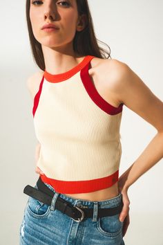 Q2 Ribbed cropped vest top in red Bodycon Top Outfit, Cropped Vest Top, Bodycon Tops, Vest Crop Top, Urban Fabric, Skirt And Sneakers, Top Outfit, Cropped Vest, Running Tops