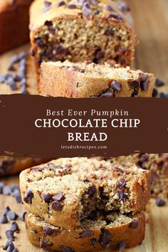 the best ever pumpkin chocolate chip bread is cut in half and stacked on top of each other