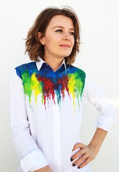 Paint splash shirt Rainbow shirt Designer shirt Hadpainted | Etsy Artistic Multicolor Cotton Shirt, Artsy Cotton Summer Shirt, Artsy Cotton Shirt For Summer, Multicolor Paint Splatter Cotton Top, Rainbow Cotton Shirt For Summer, Artistic Hand Painted Cotton Top, Painted Shirt, Ashley Taylor, Clothing Projects