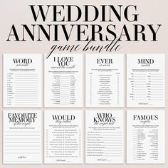 the wedding anniversary game bundle is shown in black and white, with matching seating cards