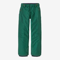 Designed for long winter days and made with soft, technical fabric, the insulated Kids’ Powder Town Pants have an H2No® Performance Standard 2-layer shell for waterproof/breathable and windproof protection, and 150-g Thermogreen® insulation adds warmth; fabrics, membrane and durable water repellent (DWR) finish are made without intentionally added PFAS. They're our go-to for all things kids and snow, and built for both boys and girls, so handing them along is even easier than before. Inseam leng Casual Green Patagonia Bottoms, Patagonia Casual Green Bottoms, Patagonia Pants With Pockets For Outdoor Activities, Patagonia Casual Pants For Outdoor Activities, Functional Green Hiking Pants, Functional Green Nylon Bottoms, Functional Green Pants For Outdoor Activities, Functional Hiking Bottoms By Patagonia, Functional Patagonia Hiking Bottoms