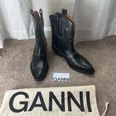 Ganni Black Low Shaft Embroidered Western Boots, The Most Iconic Shoes Of The Brand. These Are Brand New Sz 40. Dust Bag Is Included. Material: Leather Ganni Boots, Iconic Shoes, Boots Cowgirl, Cowgirl Boots, Western Boots, Bootie Boots, Ankle Boots, Dust Bag, Women Shoes