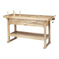 a wooden workbench with two drawers and one drawer