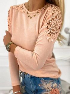 Crew Neck Long Sleeve Shirts & Tops Lace Cutout, Long Sleeve Tops Casual, Womens Tops Summer, Tops Fall, Lace Shirt, Lace Sleeves, Long Sleeve Casual, Top Casual, Long Sleeve Lace