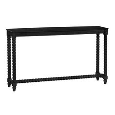 a black console table with two legs and a shelf on one side, against a white background