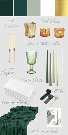 green and gold color scheme with candles, napkins, candle holders and other items