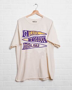 LSU Tigers Pennant Off White Thrifted Tee - shoplivylu Thrifted Tees, Lsu Shirt, Osu Cowboys, School Shirt Designs, College Tees, University Shirt, College Shirts, College T Shirts, Spirit Wear