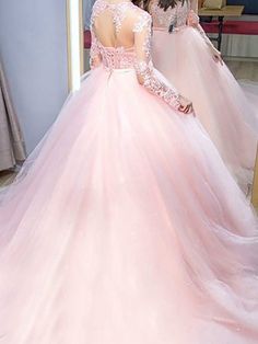 Silhouette:?A Line Waist: Natural Sleeve Length: Long Sleeves Fabric: Lace, Tulle Shown Color:?Pink Built-In Bra: Yes Long Sleeve Quinceanera Dresses, Gown Pink, Pink Ball Gown, Cheap Prom Dresses Long, Tulle Dresses, Tulle Evening Dress, Evening Dresses Online, Pink Wedding Dresses, Lace Ball Gowns