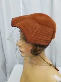 "Vintage 1950s Sheila The Perfect Hat Chicago Rust Velour Netted Structured Sophisticated Designer Hat Derby Cap Inside circumference is 20\" Height of hat is 3\" Width across 9\"" 1950s Woman, Large Brim Hat, Cloche Hats, Types Of Hats, Orange Velvet, Cocktail Hat, Millinery Hats, Vintage Hats, Head Hair