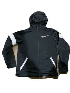 NIKE hoodie Girl's X-LARGE Black with white Full ZIP Some minor peeling and a little bit of staining in white parts Nike Hooded Hoodie For Sports Season, Nike Sports Hoodie For Sports Season, Sporty Training Hoodie With Drawstring Hood, Winter Training Hooded Sweatshirt, Winter Training Sweatshirt With Hood, Hooded Winter Training Sweatshirt, Nike Fleece Hoodie Track Jacket, Winter Jogging Fleece Hoodie, Black Moisture-wicking Hoodie For Training