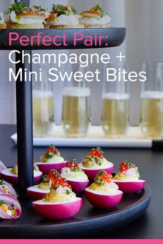 there is a tray with mini sweet bites on it and the words perfect pair champagne + mini sweet bites