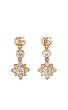 Gucci Flora Rose Gold & Diamond Earrings YBD70269100100U. 18kt rose gold earrings with floral pendant, set with 20 diamonds total 0.29ctw. Rose Gold Diamond Earrings, Gucci Flora, Diamond Accessories, Timeless Watches, Cushion Diamond, Floral Pendant, Gold Diamond Earrings, Square Diamond, Oval Cut Diamond