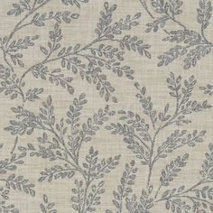 an upholstered wallpaper with blue leaves and branches on beige linen, the background is