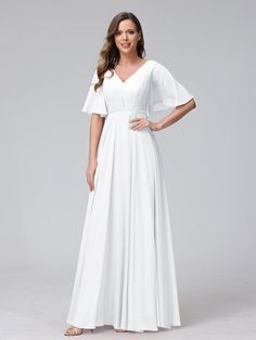 A-Line V-Neck Half Sleeves Long Chiffon Bridesmaid Dresses With Ruffle-Lavetir Formal Chiffon V-neck Gown, Chiffon A-line Bridesmaid Dress For Banquet, Chiffon A-line Wedding Dress, Chiffon V-neck Gown For Banquet, A-line Chiffon Bridesmaid Dress For Banquet, White V-neck Wedding Dress With Sweep Train, Chiffon A-line Wedding Gown, Flowy A-line Chiffon Bridesmaid Dress, Wedding Bridesmaid Dress With Empire Waist