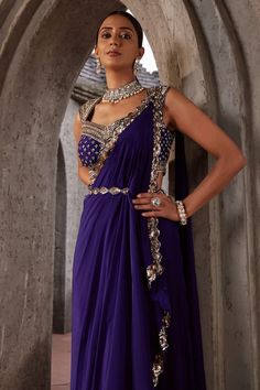 Purple pre-draped saree with sequin embroidered cut-out border asymmetric pallu. Comes with embroidered padded blouse and waistbelt. - Aza Fashions 2000s Indian Fashion, Celebrity Saree, Fashion Purple, Draped Saree, Royalty Aesthetic, Padded Blouse, Drape Saree, Embroidered Border, Purple Silk