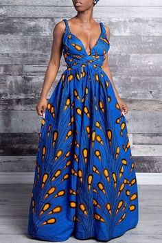 Blue Vintage Print Patchwork Backless V Neck A Line Dresses Line Dresses, Casual Party Dresses, Sleeveless Dresses, A Line Dresses, African Lace, Feather Dress, Latest African Fashion Dresses, Strappy Dresses, African Fashion Dresses