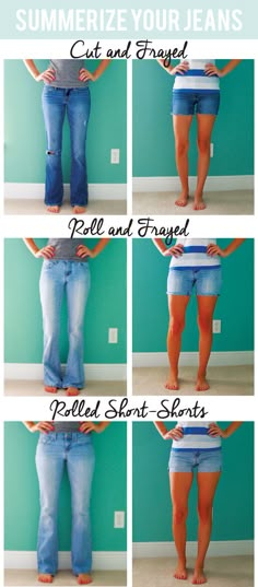 four pictures showing different ways to wear jeans and how they are used for the legs