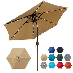 an umbrella with lights attached to it and multiple colors on the outside, including beige