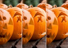 three pictures of carved pumpkins with faces on them, all in different angles and sizes