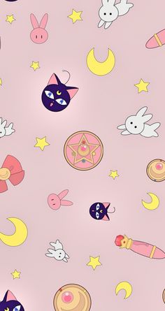 a pink background with various cartoon animals and stars on the top right corner is an illustration of cats, rabbits, moon, and other objects