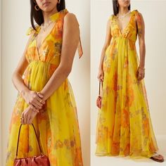 Staud’s Maxi-Length Dress Presents A Bright Dandelion Motif, Featuring Self-Tie Shoulder Straps, Plunging V-Neckline, Flattering Empire Waist And Hidden Back Zipper Closure. + 100% Polyester; Lining 100% Cotton + Style Sold Out Online In Every Size! + Retails For $495 + Size 8 Brand New With Return Tag! Comes From Smoke-Free Home. Organza Maxi Dress, Dandelion Dress, Printed Organza, Green Sweater Dress, Milly Dress, Evening Party Gowns, Maxi Gown Dress, California Poppy, Floor Length Gown