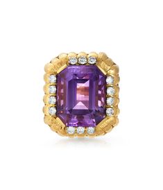 18k gold, centering an emerald-cut amethyst, accented by 14 round diamonds weighing approximately 0.90 carat with H-I-J color and VS-SI clarity. Size 6. Total weight: 21.77 grams. FROM A PARISIAN JEWELRY DEALER Parisian Jewelry, Amethyst And Diamond Ring, Emerald Cut, Round Diamonds, Diamond Ring, Emerald, 18k Gold, Amethyst, Diamonds