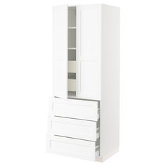 a tall white cabinet with two doors and drawers