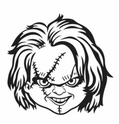 a drawing of the head of an evil clown in black and white, on a white background