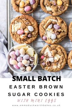 small batch of easter brown sugar cookies on a cooling rack with mini eggs and marshmallows