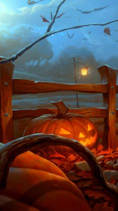 a pumpkin sitting on top of a bed next to a wooden fence in front of a night sky