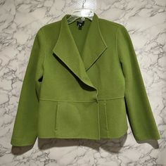 Eileen Fisher Green Wool/Cashmere Long Sleeve Jacket Eileen Fisher Lagenlook Artsy Very Stylish And Elegant Green Cashmere/Wool Blend Long Sleeve Jacket With Two Side Pockets. Size Pm Worn Once Fitted Cashmere Outerwear For Spring, Fitted Spring Cashmere Outerwear, Green Wool Cardigan For Spring, Elegant Green Wool Outerwear, Elegant Cashmere Outerwear For Spring, Spring Cashmere Wool Coat For Work, Chic Spring Cashmere Outerwear, Green Wool, Cashmere Wool