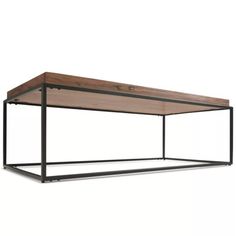 a wooden and metal coffee table with a shelf on the top that is open to reveal an area for storage