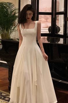 A Line Square Neck Prom Dress, Ankle Length Elegant Evening Gown Prom Dress Ankle Length, Square Neck Prom Dress, Dress Ankle Length, Elegant Evening Gown, Chique Outfit, Grayish Green, Mermaid Prom Dresses Lace, Korean Stuff, Long Formal Gowns