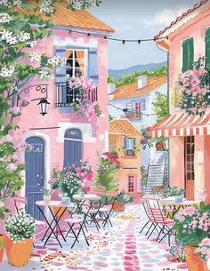 a painting of an outdoor cafe with tables and chairs in front of pink buildings that have flowers on them