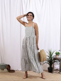 Noir Polka Dot Cotton Printed Dress - Trendroots Summer Polka Dot Tiered Dress, Polka Dot Tiered Summer Dress, Summer Tiered Polka Dot Dress, Jumpsuit Comfy, Business Diy, Wrap Pants, White Summer Dress, Womens Long Dresses, Pants Summer