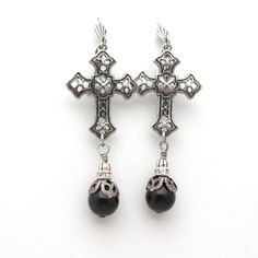 "Filigree Cross earrings with black crystal pearls. 8mm Swarovski Crystal Pearls, crystal rondels add sparkle! Antiqued silver plated, nickel free. Long dangle earrings, very very unique! 2-1/2\" top to bottom. Heavenly... More of my Artisan Jewelry: hawaiibeads.etsy.com 414" Black Dangle Emo Jewelry, Black Emo Dangle Jewelry, Nickel-free Black Emo Jewelry, Alternative Style Handmade Black Jewelry, Handmade Black Gothic Earrings, Black Gothic Pierced Earrings, Alternative Style Pierced Earrings As Gift, Alternative Style Pierced Earrings For Gift, Black Metal Emo Earrings