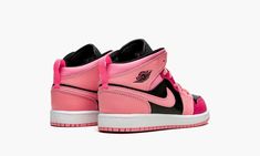 The Jordan 1 Mid PS “Coral Chalk” is the preschool version of the popular retro basketball shoe in a multicolor look that features various shades of pink on its design.  A fun colorway for children, the “Coral Chalk” has a base of black leather on the perforated toe and mid-panel.  The forefoot, collar, heel, and Swoosh are designed in Coral Chalk-colored leather and contrast the neutral appearance of the shoe’s base.  Rose Pink leather is found on the toe cap and middle eyelet panel, and on the Cute Ipod Cases, Kids Jordan, Retro Basketball Shoes, Retro Basketball, Nylons Heels, Wings Logo, Black Wings, Ipod Cases, The Coral