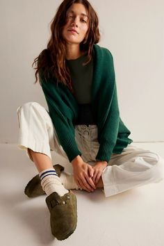 Boston Shearling Birkenstock | Free People Green Birkenstock Clogs Outfit, Green Clogs Outfit, Green Birkenstocks Outfit, Hipster Mom Style, Birkenstock Clogs Outfit Summer, Clogs With Socks, Boston Shearling Birkenstock, Clog Outfit Summer, Shearling Birkenstock