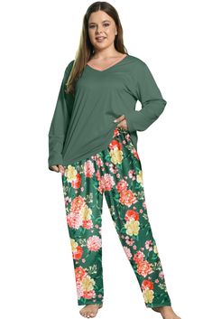 PRICES MAY VARY. Fabric: 100% Polyester, soft; breathable and lightweight to wear. Apply size XL to 5XL. Feature: 2 Piece Lounge Sets. Long sleeve pajamas top with a matching floral patterns long pants. Top: V-neck with matching color trim, simple but elegant, perfect for house or daily wear on cooling day. Pants: No pockets; elastic waistabnd; the pants are featured as loose and comfortable. You can sleep without worrying about your pants legs rolling up to your knees. Occasion: This is not onl Plus Size Lounge Wear, Matching Lounge Set, Long Sleeve Pajamas, Relaxing Weekend, Plus Size Pajamas, Gifts For Your Mom, Fashion Joggers, Women Plus Size, Pajamas Set