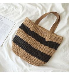 Striped Straw Woven Tote Bag, Retro Vibes, Summer Bag, Everyday Should – Elena Handbags Chic Summer Bags Made Of Natural Fiber, Chic Beach Bag Made Of Natural Fiber, Trendy Handwoven Straw Shoulder Bag, Summer Beach Shoulder Bag Made From Palm Leaf, Basket Beach Bag Made Of Natural Fiber For Vacation, Trendy Woven Straw Bag, Trendy Natural Straw Bag With Adjustable Strap, Straw Shoulder Bag For Everyday Summer Use, Black Woven Beach Bag Made Of Natural Fiber