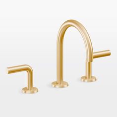 two gold faucets on white background, one is in the shape of an arch