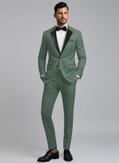 If you treat yourself to some new tailoring, you can't go wrong with our Sage Green Tuxedo Suit, which offers a trendy statement-making ensemble that is both timeless and adaptable. Our super 120's wool suit is made with a blend of wool and poly, whereas a solid pattern and green hue instantly give the outfit an eye-catching twist. An excellent option for a fantastic night out or attending a wedding.   Featuring satin lapel, matching satin covered buttons and gentle texture at its surface, our t Sage Green Tuxedo, Sage Suit, Subtle Fashion, Grey Check Suit, Green Tuxedo, White Linen Suit, Herringbone Tweed Jacket, Herringbone Jacket, Beige Suits