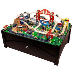 a toy train set is sitting on top of a table