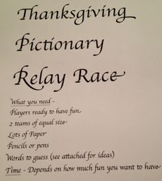 a piece of paper with writing on it that says, thanksgiving dictionary relay race what you need