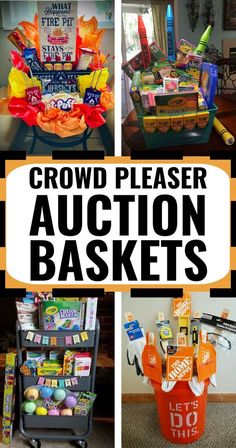 a bunch of auction baskets with the words crowd pleaser written on them