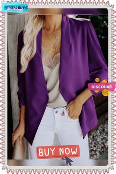 Solid Color Wild Suit Jacket Spring Purple Outerwear For Work, Solid Long Sleeve Blazer For Parties, Solid Long Sleeve Party Blazer, Long Sleeve Solid Color Party Blazer, Chic Purple Outerwear With Pockets, Formal Purple Outerwear For Spring, Purple Formal Outerwear For Spring, Purple Notch Lapel Blazer For Spring, Purple Long Sleeve Outerwear For Office